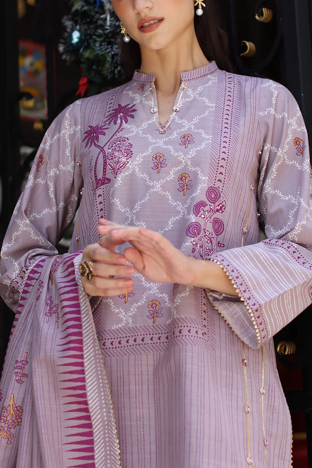 3 Piece Gold Printed Khaddar Suit with Gold Printed Khaddar Dupatta | K-52057