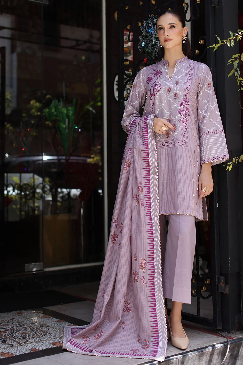 3 Piece Gold Printed Khaddar Suit with Gold Printed Khaddar Dupatta | K-52057