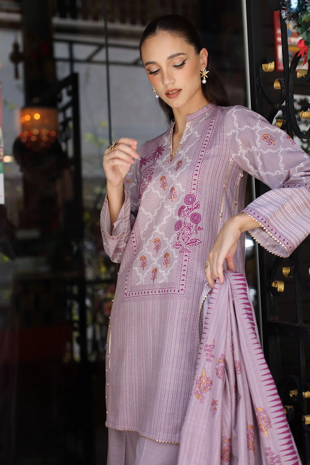 3 Piece Gold Printed Khaddar Suit with Gold Printed Khaddar Dupatta | K-52057