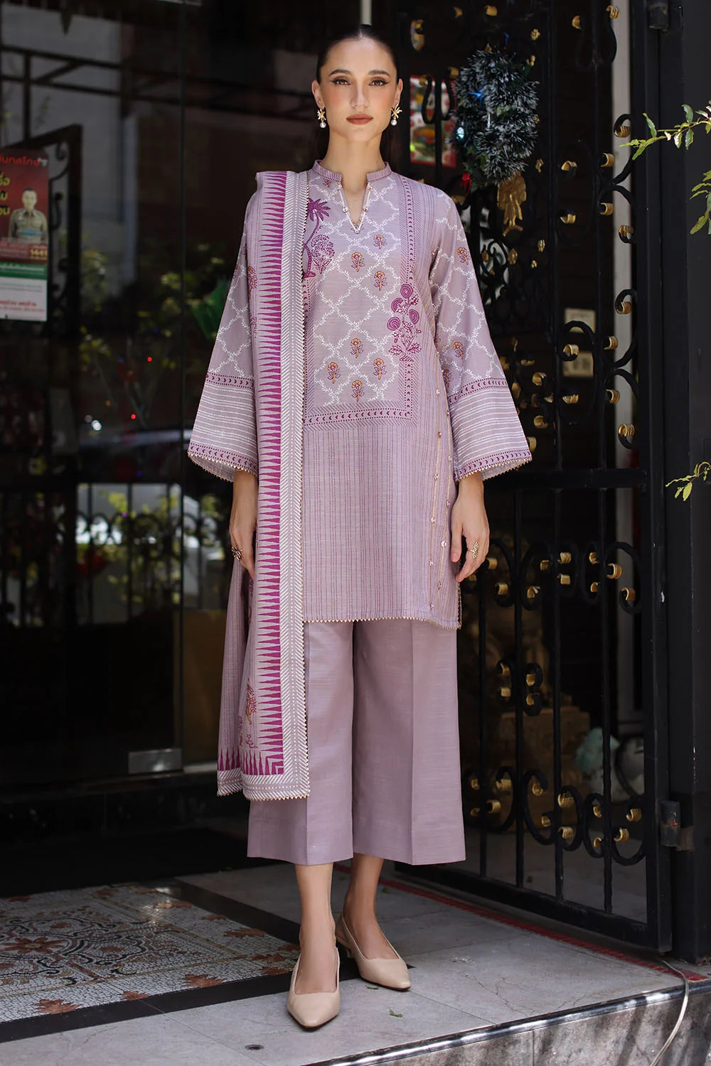 3 Piece Gold Printed Khaddar Suit with Gold Printed Khaddar Dupatta | K-52057